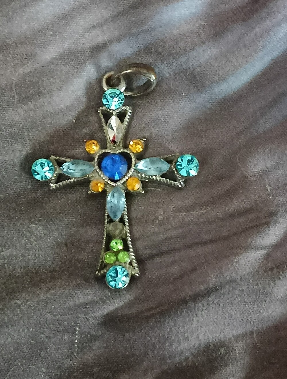 Multicolor Crystal Cross Necklace Pendant - Blue Heart Center
